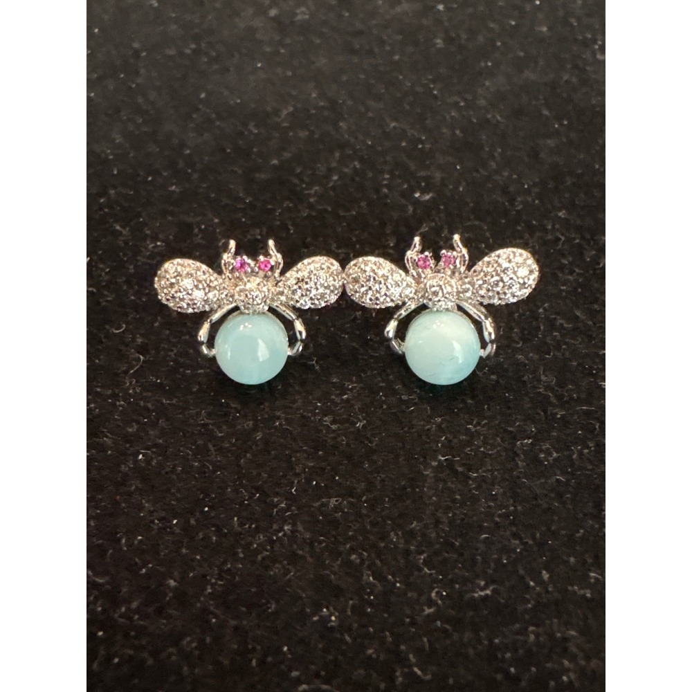 Silver Tone Bee Stud Earrings Light Blue Cabochon Pave Crystal Pink Eyes Insect